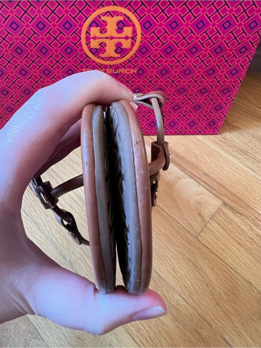 Tory Burch Vintage Vachetta Dark Tan Light Broen Leather Miller Sandals